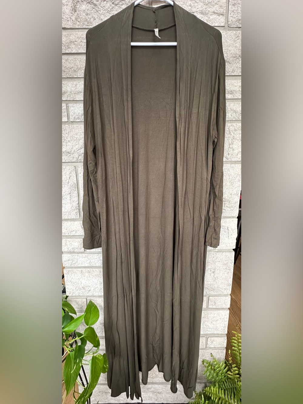Isaac Liev Long Open-Front Duster Cardigan in Olive